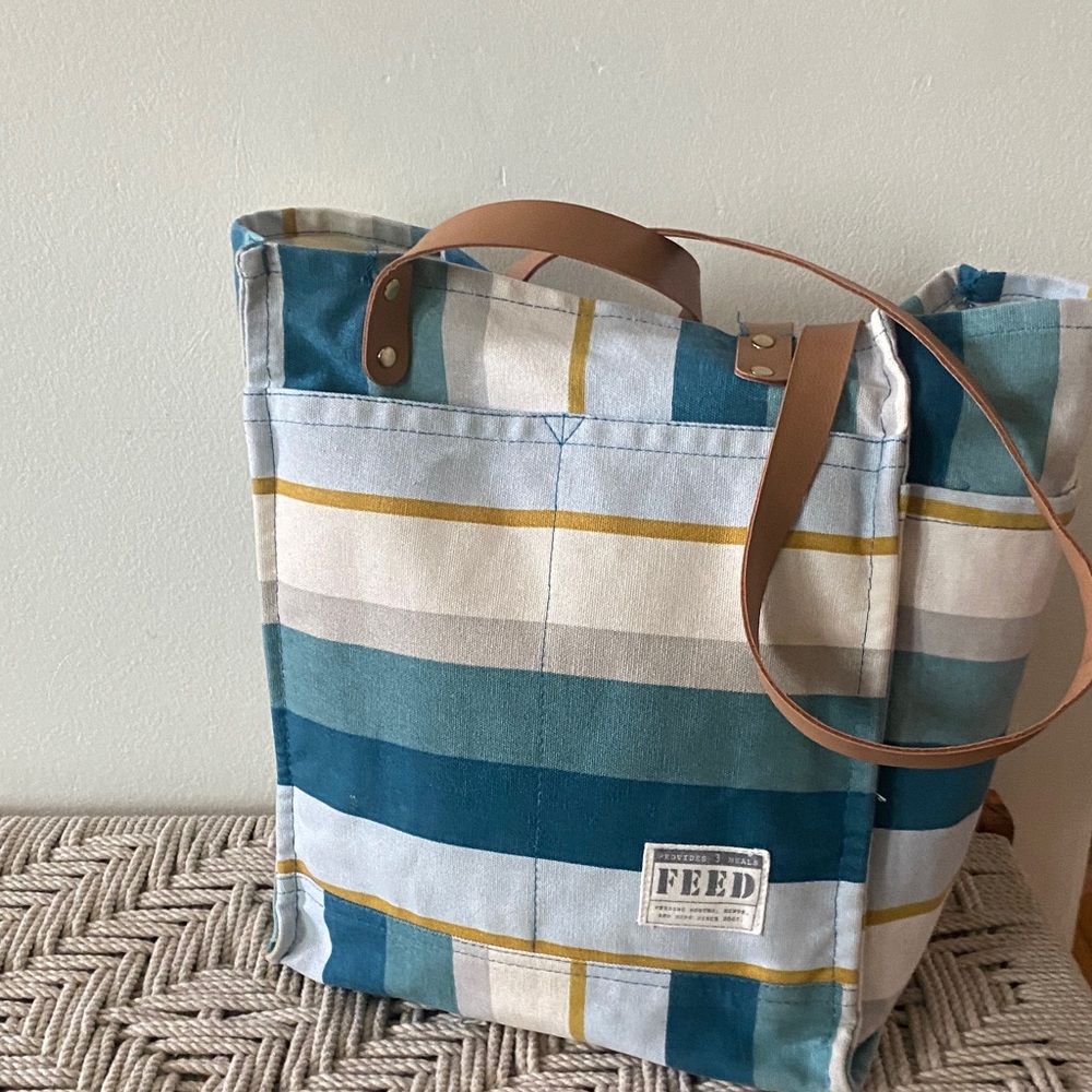 FEED Teal Striped Canvas Tote Bag with Leather Handles